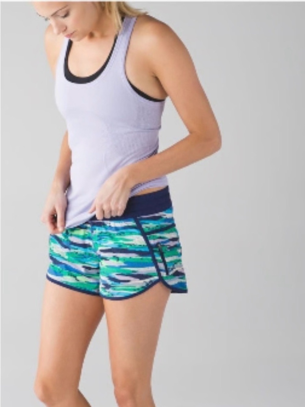 lululemon athletica Navy Waistband Blue & Green Striped Running Shorts